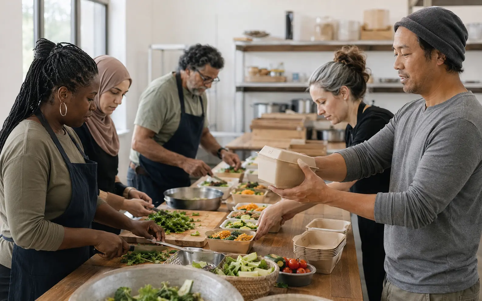 Adults preparing and packing meals together in a community kitchen